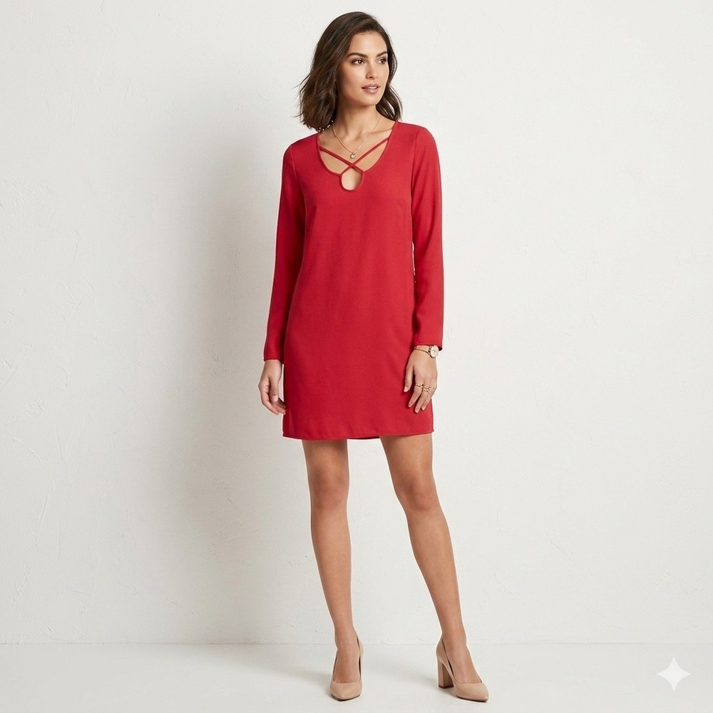 Leith Red Strappy Criss-Cross V-Neck Long Sleeve Mini Shift Dress Tunic Medium